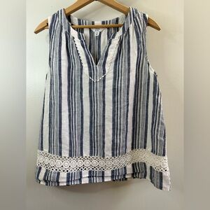 Crown & Ivy Gray and  White Striped Tank with Lace Detail